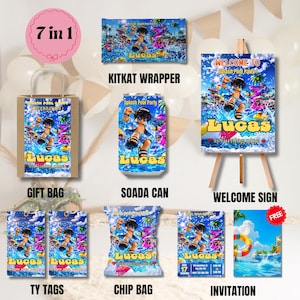 Peut inclure: Un ensemble de 7 articles de fête comprenant un sac cadeau, un emballage KitKat, une canette de soda, un panneau de bienvenue, deux étiquettes de remerciement, un sachet de chips et une invitation, tous sur le thème de la piscine avec Lucas.
