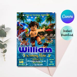May include: A pool party invitation featuring a block-style character holding a water gun in a swimming pool with palm trees and a slide. The text reads: JOIN US TO POOL PARTY! William is tuning Nine, AUGUST 10 SATURDAY, 3:00 PM TO 5:00 PM.