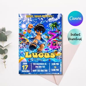 May include: A rectangular pool party invitation featuring a Roblox-style character wearing a blue floral shirt, black cap, and sunglasses. The background shows a water park with a pink slide and pool toys. Text includes Splash, Splash-Pool Party!, Lucas, is turning nine, June 17, and event details.