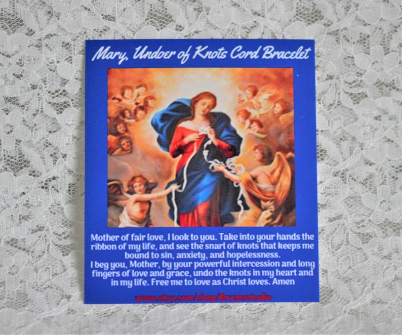 knot clasp gold tone medal /& prayer Mary Undoer of Knots Cord Bracelet with two adjustable knots