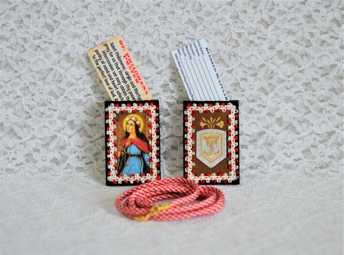 Saint Philomena Cord Crest Brown Wool Scapular With Quote Etsy