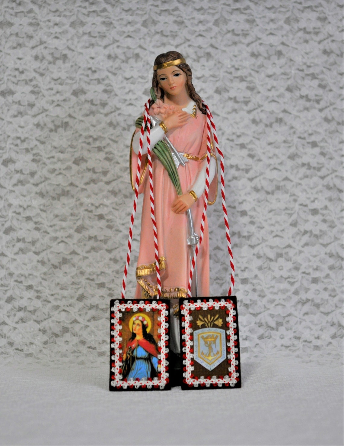 Saint Philomena Cord Crest Brown Wool Scapular With Quote Etsy