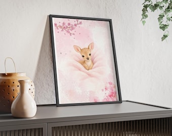 Baby Deer Illustration Poster with Wooden Frame | Pink Nursery Wall Art