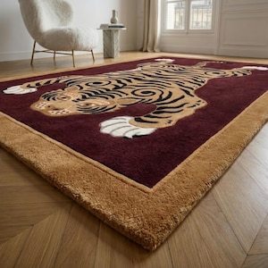 Tibetan Tiger Rug | Hand Tufted New Zealand Wool | Burgundy and Gold Animal Print Area Rug | Eclectic Vintage Decor 8x10 9x12 12x15