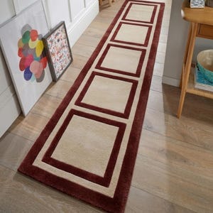 Geometric Wool Runner Rug: Chocolate Brown & Beige Block Design