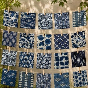 Könnte beinhalten: Eine Sammlung von zwanzig quadratischen Stoffservietten mit verschiedenen indigoblauen und weißen Mustern, darunter florale, geometrische und abstrakte Designs, die jeweils mit einer kleinen Holzklammer an einer horizontalen Schnur hängen.