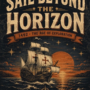 Op de afbeelding: Een poster in vintage-stijl met een zeilschip op donker water bij zonsondergang. De tekst luidt SAIL BEYOND THE HORIZON, 1492 THE AGE OF EXPLORATION en DISCOVER EXPLORE ADVENTURE. Het schip heeft witte zeilen met rode kruisen tegen een grote oranje zon.