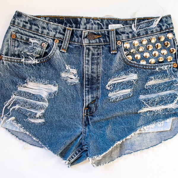 blue / Levi's vintage denim / dome studs & destroyed / high waisted shorts