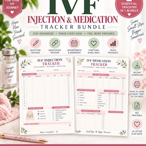 Puede incluir: Un paquete de seguimiento de inyecciones y medicamentos para FIV que incluye dos formularios imprimibles con detalles florales en rosa y verde. Los documentos contienen secciones para registros diarios, sitios de inyección y citas.