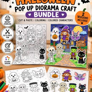 May include: A Halloween pop up diorama craft bundle featuring two versions: a black and white colouring page and a full-colour version. Includes cut-out characters like a ghost, witch, bat, skeleton, mummy, monster, and black cat.