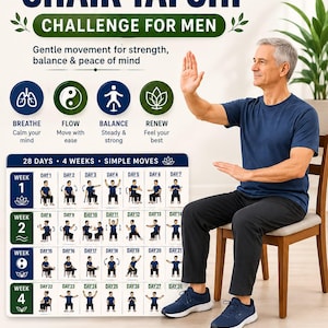 Peut inclure: Une affiche numérique intitulée 28 Days of Chair Tai Chi Challenge for Men, présentant un programme d'exercices de 4 semaines avec des illustrations quotidiennes de mouvements assis. Elle inclut des textes sur la respiration, le flux, l'équilibre et le renouveau, ainsi que des détails de téléchargement PDF pour les formats A4 et 210 x 297 mm.