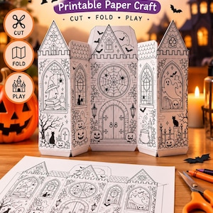 Könnte beinhalten: Ein druckbares Haunted Castle Papierbastelset mit schwarz-weißen Strichzeichnungen einer gruseligen Struktur mit Geistern, Kürbissen und Fledermäusen. Das Set enthält einen flachen Vorlagebogen und ein dreidimensionales, zusammengebautes Schlossmodell.