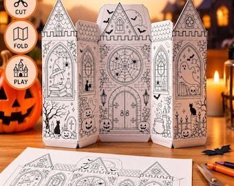 Bastelvorlage: Spukschloss | 3D-Halloween-Spukhaus-Malvorlage zum Ausdrucken | Ausschneiden, Falten & Spielen (Digitaler Download)