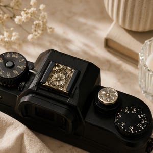 May include: A black camera featuring a metallic hot shoe cover and a matching shutter release button, both adorned with a raised floral pattern. The camera body includes black dials with white numerical markings for settings and exposure.