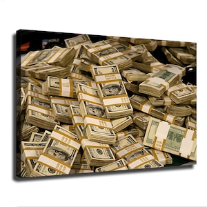 May include: A large pile of stacked United States one hundred dollar bills, each bundle secured with a tan paper band printed with the text $10,000. The bills feature portraits of Benjamin Franklin and are arranged in a dense, overlapping heap.