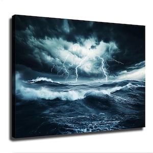 May include: A rectangular canvas wall art print depicting a dark, stormy ocean scene at night. The image features turbulent, deep blue waves with white foam crests beneath a heavy, black sky illuminated by bright, jagged lightning bolts.