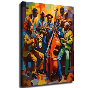 May include: A vibrant oil painting on canvas depicting a jazz band with five musicians playing brass instruments and a double bass. The scene features bold, colorful brushstrokes in shades of orange, yellow, blue, and green, capturing a lively performance.