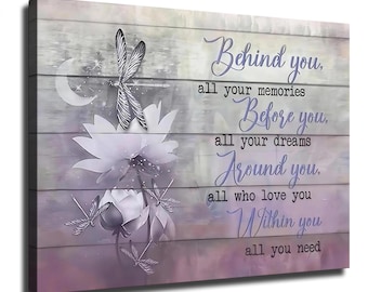 Behind You All Your Memories Dragonfly Canvas Wall Art, Purple Floral Inspirational Quote Rustic Wood Farmhouse Bedroom Decor Gift