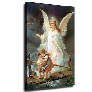 May include: A vertical canvas print depicting a winged angel with long light brown hair wearing a flowing white gown, standing behind two young children on a wooden bridge. The children are dressed in vintage-style clothing near a dark, misty forest.