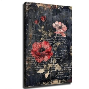 Vintage Script Red Poppy Art Dark Floral Mixed Media Grunge Aesthetic Canvas Wall Decor