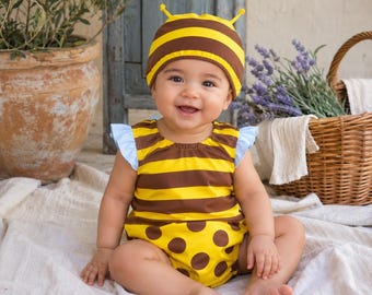 Baby Bee Romper Set With Hat, Yellow Brown Bumblebee Baby Outfit