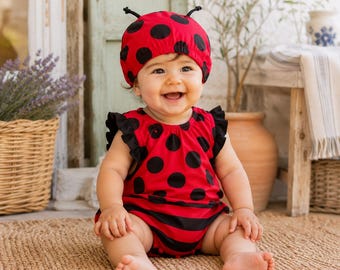 Ladybug Baby Romper Dress Set With Hat, Red Polka Dot Summer Baby Outfit