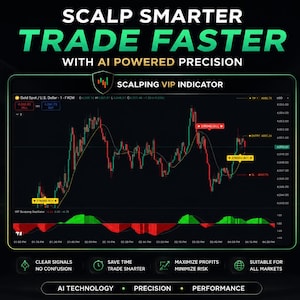 Op de afbeelding: Een digitale handelsgrafiek getiteld Scalping VIP Indicator met groene en rode kandelaarpatronen op een zwarte achtergrond. De tekst bevat Scalp Smarter Trade Faster With AI Powered Precision, AI Powered Smart Signals en High Accuracy Entry & Exit.