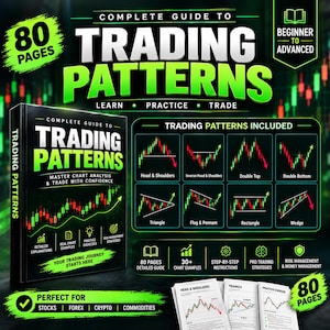 May include: A black book titled Complete Guide to Trading Patterns with 80 pages, featuring green and white text, stock market candle charts, and a grid showing patterns like Head and Shoulders, Double Top, and Wedge for stocks and crypto.