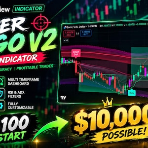 Peut inclure: Un graphique numérique pour l'indicateur de scalping Sniper Algo V2 présentant un tableau TradingView avec des chandeliers verts et rouges, un tableau de bord des tendances du marché, des liasses de billets de dollars et le texte $10,000 POSSIBLE.