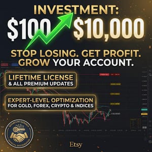 Op de afbeelding: Een digitale afbeelding met de tekst INVESTMENT: $100 to $10,000 en een groene pijl omhoog. De tekst bevat STOP LOSING. GET PROFIT. GROW YOUR ACCOUNT. LIFETIME LICENSE & ALL PREMIUM UPDATES. EXPERT-LEVEL OPTIMIZATION FOR GOLD, FOREX, CRYPTO & INDICES.