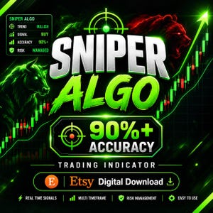 May include: A digital graphic for a trading indicator titled SNIPER ALGO with 90%+ ACCURACY. The design features a bull and a bear, a green upward trending stock chart, and text including TREND BULLISH, SIGNAL BUY, and Etsy Digital Download.