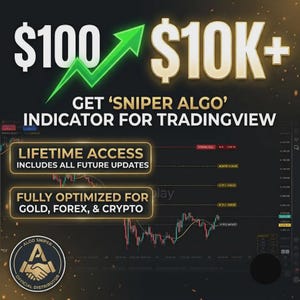 May include: A digital graphic promoting the Sniper Algo indicator for TradingView. The text reads $100, $10K+, Get Sniper Algo Indicator For Tradingview, Lifetime Access Includes All Future Updates, and Fully Optimized For Gold, Forex, & Crypto.