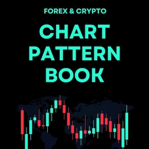 Peut inclure: Une couverture de livre noire avec le texte FOREX & CRYPTO CHART PATTERN BOOK en cyan. Sous le texte se trouve un graphique de carte du monde sombre avec des barres de chandelier rouges et cyan. En bas, des symboles Euro et Dollar blancs.