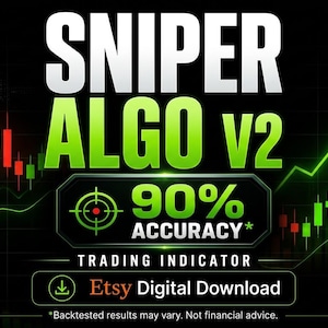 Può includere: Un grafico digitale per l'indicatore di trading Sniper Algo V2 con testo verde e bianco, un grafico a candele di borsa con una linea di tendenza al rialzo e un riquadro che mostra metriche di tendenza, segnale, precisione e rischio su sfondo nero.