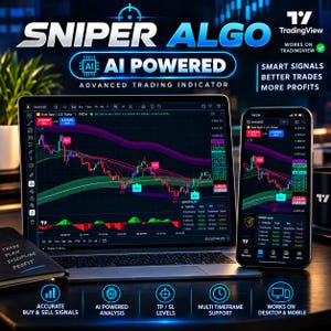 Pode incluir: Um computador portátil e um smartphone exibem o indicador de trading Sniper Algo no TradingView. Os ecrãs mostram gráficos XAUUSD com sinais de compra e venda, análise por IA e suporte multi-timeframe. Um caderno com o texto Trade Plan Discipline Profit é visível.
