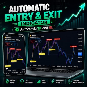 May include: A smartphone and a laptop displaying a financial trading chart for XAUUSD with labels for Strong Buy and Strong Sell. The screen shows the text Automatic Entry & Exit Indicator, Automatic TP and SL, Smart Entry, Auto Stop Loss, Take Profit, AI Powered Signals, and Save Time Maximize Profit.