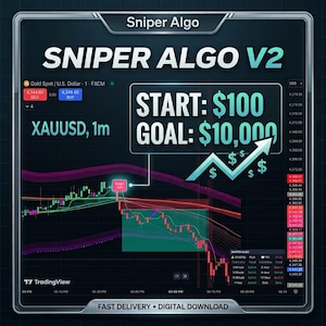 Könnte beinhalten: Ein digitales Handelsdiagramm mit dem Titel Sniper Algo V2, das XAUUSD 1m-Daten anzeigt. Die Grafik enthält eine Preistrendlinie mit einem weißen Pfeil nach oben, den Text START: $100 GOAL: $10,000 und eine TradingView-Schnittstelle.