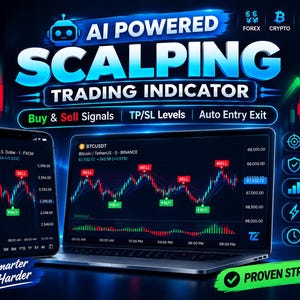Może przedstawiać: Cyfrowy wyświetlacz z tekstem AI POWERED SCALPING TRADING INDICATOR, Buy & Sell Signals, TP/SL Levels oraz Auto Entry Exit. Smartfon i laptop pokazują wykresy finansowe z sygnałami kupna i sprzedaży na ciemnoniebieskim tle.