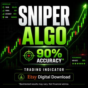 May include: A digital graphic for a trading indicator titled SNIPER ALGO with 90% accuracy. The design features a green stock market candlestick chart trending upward, a target icon, and text stating Etsy Digital Download on a black background.