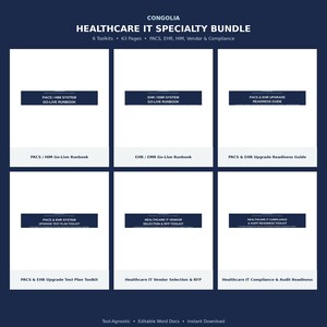 May include: A Healthcare IT Specialty Bundle featuring six toolkits across 63 pages. The bundle includes a PACS/HIM System Go-Live Runbook, EHR/EMR Go-Live Runbook, PACS & EHR Upgrade Readiness Guide, Upgrade Test Plan, Vendor Selection & RFP, and Compliance & Audit Readiness.