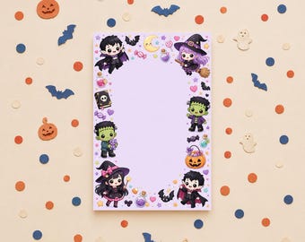 Kawaii Halloween Notepad, Baby Monsters, Pumpkins, Bats, Candy, Pastel Purple (4x6, 50 Sheets)