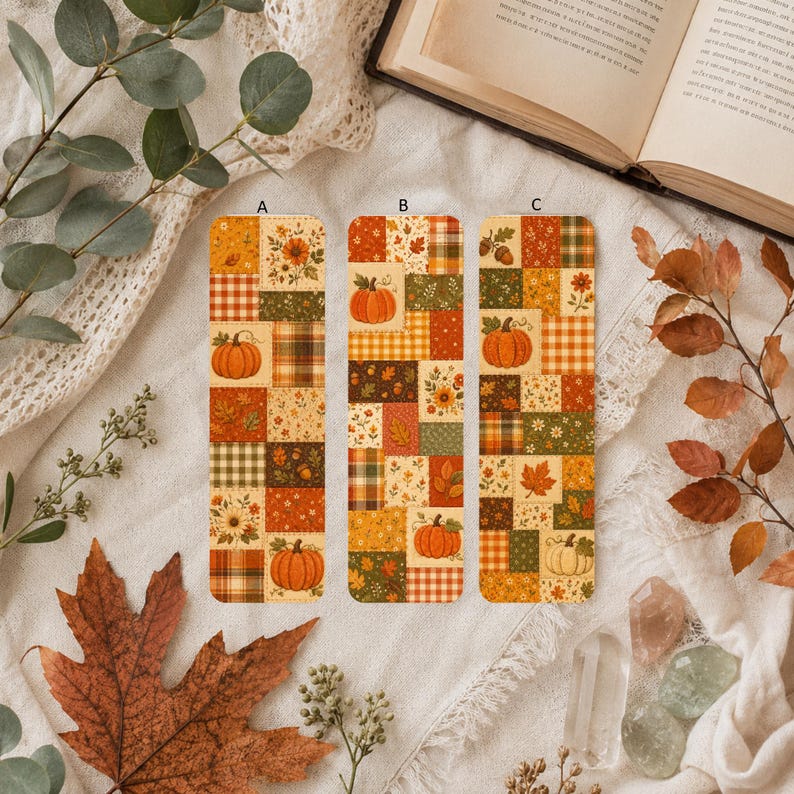 Set of three fall patchwork bookmarks labeled A, B and C featuring pumpkins, sunflowers, acorns, plaid, fall leaves and floral patterns in warm autumn colors.