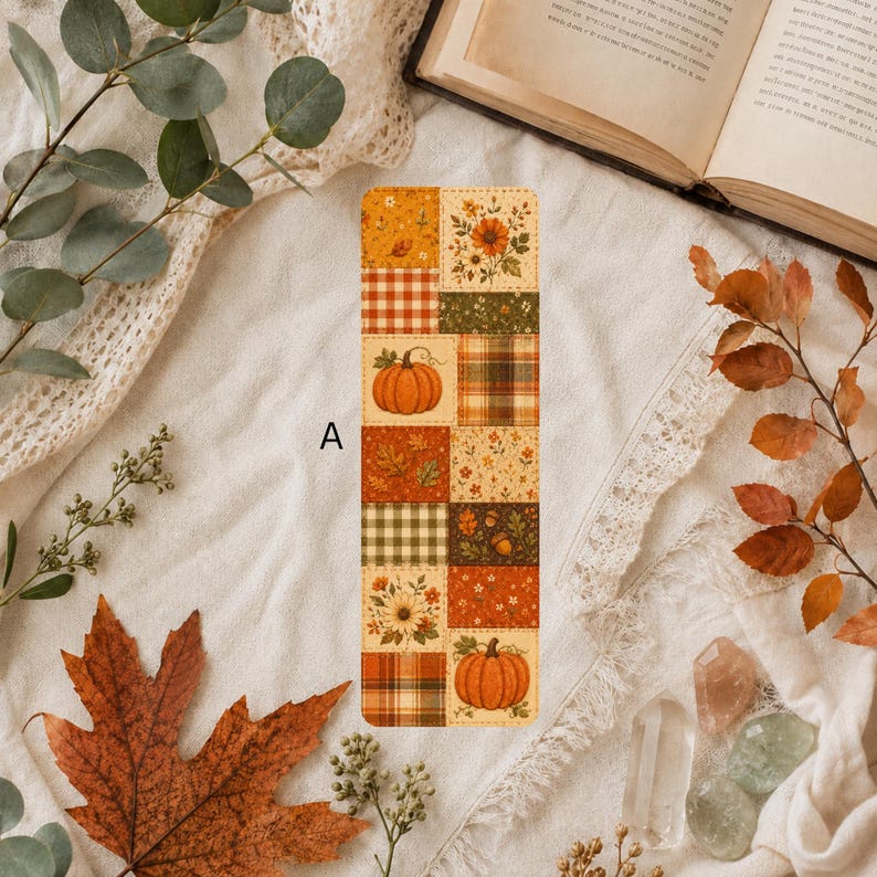Set of three fall patchwork bookmarks labeled A, B and C featuring pumpkins, sunflowers, acorns, plaid, fall leaves and floral patterns in warm autumn colors.