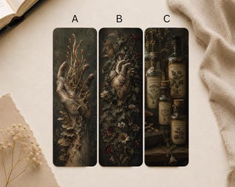 Gothic Botanical Anatomy Bookmarks, Dark Academia Apothecary Set