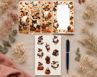 Boogie Ghost Halloween Stationery Set – Laminated Bookmarks, Notepad, Stickers, Pen