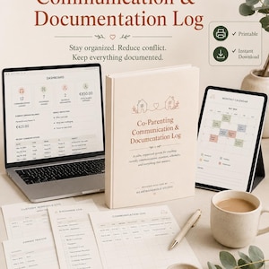 Peut inclure: Un ensemble de journal de communication et de documentation pour la coparentalité comprenant un livre relié, un ordinateur portable affichant un tableau de bord, une tablette avec un calendrier mensuel et des feuilles de journal imprimées.