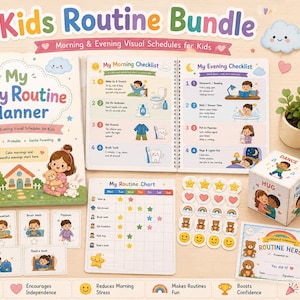 Peut inclure: Un ensemble de routine pour enfants comprenant un planificateur quotidien à spirales, des listes de contrôle du matin et du soir, un tableau de routine, des autocollants, un certificat et un cube en papier illustré de tâches quotidiennes.