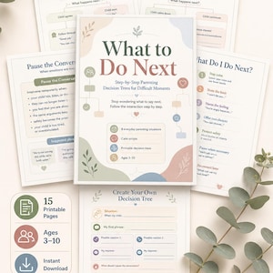 Peut inclure: Une collection de documents imprimables d'arbres de décision parentaux intitulés What to Do Next. Les pages présentent des organigrammes, des guides étape par étape pour les moments difficiles et des modèles à remplir aux tons pastel.
