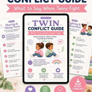 Op de afbeelding: Een digitale tweeling-conflictgids voor kinderen van 2-10 jaar, weergegeven op een tabletscherm. De gids bevat illustraties van twee kinderen, tekst over conflicten tussen broers en zussen, zachte herinneringen en scripts voor ouders.