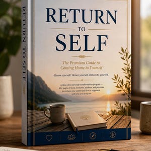 Peut inclure: Un livre relié intitulé Return to Self: The Premium Guide to Coming Home to Yourself. La couverture montre un coucher de soleil sur un lac, un petit carnet et une tasse. Le texte indique : Know yourself. Honor yourself. Return to yourself.